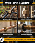 Two Pack 1 Inch Brass Pipe Union Fittings For 125 Lb Service Female Threaded Connectors To Link Two Pipes In Irrigation And Industrial Plumbing Easy To Install Durable No Fuss Setup. shown in irrigation and plumbing uses
