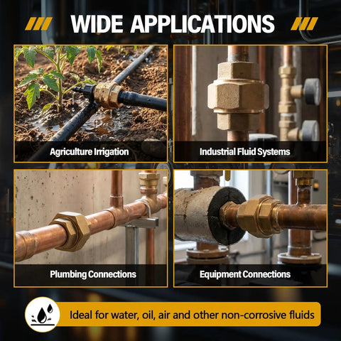 Two Pack 1 Inch Brass Pipe Union Fittings For 125 Lb Service Female Threaded Connectors To Link Two Pipes In Irrigation And Industrial Plumbing Easy To Install Durable No Fuss Setup. shown in irrigation and plumbing uses