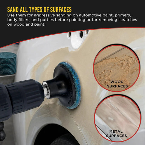 Beast Mode 46 Piece 2 Inch Sanding Discs Variety Pack With Quick Change Heavy Duty Backing Pad And Adapter Holder in use on car