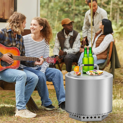 Stainless Steel Fire Pit Lid For Solo Stove Bonfire 19.5 Inch 304 Stainless Steel With Hot Safe Handle used as table outdoors with people