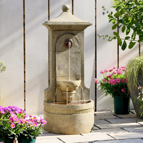 Massive Outdoor Wall Fountain With LED Lights 42.91 Inch Tall Freestanding Garden Water Feature for Patio in European Resin Finish