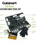 36 Piece Grill Tool Set With Spatula Fork Tongs Basting Brush Replacement Brush Heads Heat Resistant Glove 6 Stainless Steel Skewers 8 Corn Holders 10 Burger Flags Saw Tooth Grill Scraper Bottle Opener Temperature Guide Backyard BBQ Ready in open case with storage compartments