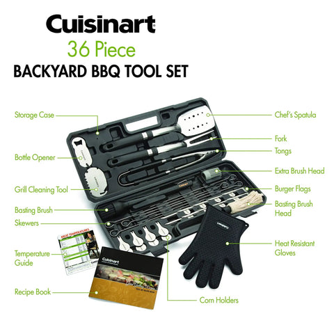 36 Piece Grill Tool Set With Spatula Fork Tongs Basting Brush Replacement Brush Heads Heat Resistant Glove 6 Stainless Steel Skewers 8 Corn Holders 10 Burger Flags Saw Tooth Grill Scraper Bottle Opener Temperature Guide Backyard BBQ Ready in open case with storage compartments