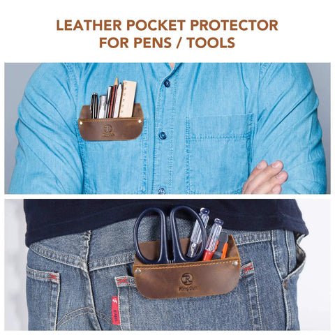 Genuine Leather Pocket Protector for Men Durable Tool Pouch for Jeans and Shirts Keeps Tools and Pens Secure Premium Brown Cowhide Workhorse Pocket Organizer