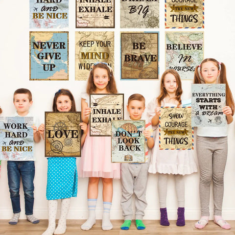 Children holding 12 Piece Travel The Map Wall Art Set For Classroom And Home Decor Inspirational World Travel Posters 8x10