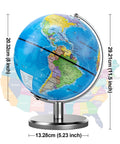 Illuminated 8 Inch World Globe With Constellation Night Light For Kids And Adults showing Americas view with dimensions.