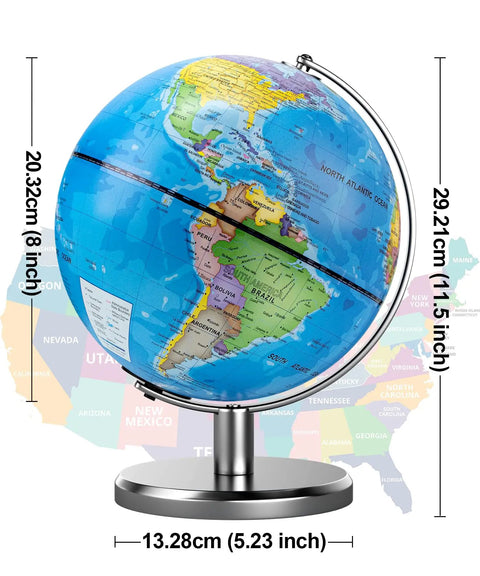 Illuminated 8 Inch World Globe With Constellation Night Light For Kids And Adults showing Americas view with dimensions.