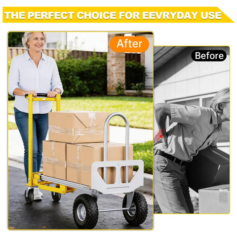 Heavy Duty 4 In 1 Convertible Hand Truck Dolly Cart transporting boxes outdoors with smooth swivel wheels and adjustable handle.
