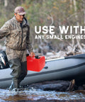 Man carrying Portable 3 Gallon Boat Fuel Tank With Fill Hose For Small Outboards Plastic Marine Gas Tank in forest