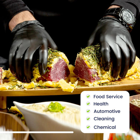 Real Deal Top Shelf Black Nitrile Gloves Box Of One Hundred Powder Free Latex Free Extra Large for food prep.