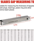 32 blades gap measuring tool with dimensions, suitable for tappets, spark plugs, bearings, and hard-to-reach places.