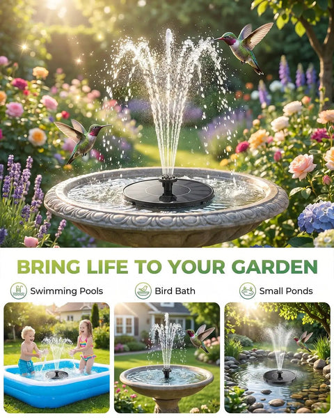 Solar Fountain Kit For Bird Bath And Ponds With 1.4W Pump, 7 Nozzles, And 4 Fixed Pipes in a garden setting with hummingbirds