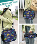 Insulated Lunch Bag With Shoulder Straps For Office Travel School Keeps Food Fresh With A Dope Lightning Bolt Design, Spacious Main Compartment, Side Pockets, Durable Polyester Tote For Kids Men Women. Blue bike-print insulated polyester lunch bag worn crossbody and carried by hand.
