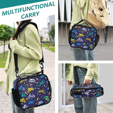 Insulated Lunch Bag With Shoulder Straps For Office Travel School Keeps Food Fresh With A Dope Lightning Bolt Design, Spacious Main Compartment, Side Pockets, Durable Polyester Tote For Kids Men Women. Blue bike-print insulated polyester lunch bag worn crossbody and carried by hand.