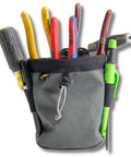 Clip On Tool Belt Pouch With Built In Light For Electricians, HVAC Pros, Plumbers, Carpenters, And Contractors holding tools