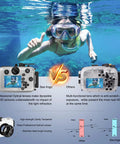 Woman snorkeling above water with Epic Underwater Camera Housing For Olympus TG7 With Red Filter, protective case comparison.