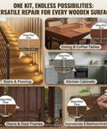 Wood Filler Sticks Kit With 16 Colors For Scratches, Scuffs, Cracks And Holes Easy Touch Up For Furniture, Floors, Cabinets And Doors Color Match White Oak, Mahogany, Walnut, Maple, Black And More displayed with before and after repair results on wooden furniture, floors, cabinets, and doors.