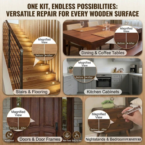 Wood Filler Sticks Kit With 16 Colors For Scratches, Scuffs, Cracks And Holes Easy Touch Up For Furniture, Floors, Cabinets And Doors Color Match White Oak, Mahogany, Walnut, Maple, Black And More displayed with before and after repair results on wooden furniture, floors, cabinets, and doors.