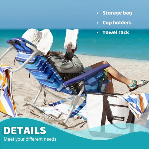 Backpack Beach Chairs For Adults Half Pack Foldable Heavy Duty Camping Chair With Large Pockets And Cup Holder Adjustable Recline Towel Rack For Outdoor Travel Blue on beach
