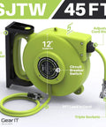 Auto Retracting 45 Foot Extension Cord Reel With 14 Gauge 14 3 AWG SJTW Cable showing triple sockets and circuit breaker switch.