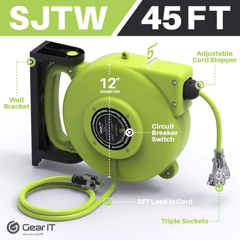 Auto Retracting 45 Foot Extension Cord Reel With 14 Gauge 14 3 AWG SJTW Cable showing triple sockets and circuit breaker switch.