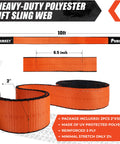Beefy Heavy Duty Lift Sling Strap 2 Inch Wide By 10 Feet Long Eye To Eye Nylon Rigging Web Sling For Hoist And Winch 18800 Pound Capacity 2 Ply Polyester Tree Saver Recovery Sling, showing neon orange polyester sling with black reinforced edges, dimensions highlighted