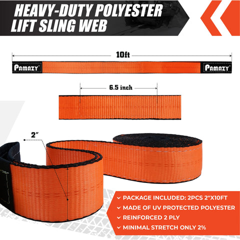 Beefy Heavy Duty Lift Sling Strap 2 Inch Wide By 10 Feet Long Eye To Eye Nylon Rigging Web Sling For Hoist And Winch 18800 Pound Capacity 2 Ply Polyester Tree Saver Recovery Sling, showing neon orange polyester sling with black reinforced edges, dimensions highlighted