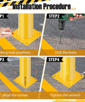 Installation steps for Four Pack Of 48 Inch Removable Steel Safety Bollards Built Like A Tank For Forklift Protection And Parking Barrier Security With Bright Yellow High Vis Stripes And No Sweat Setup.