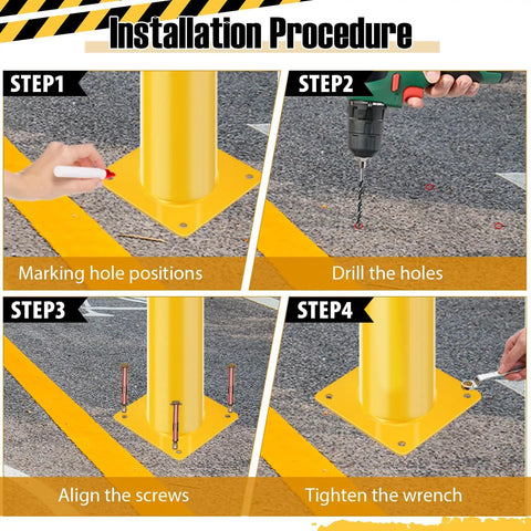 Installation steps for Four Pack Of 48 Inch Removable Steel Safety Bollards Built Like A Tank For Forklift Protection And Parking Barrier Security With Bright Yellow High Vis Stripes And No Sweat Setup.