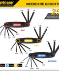 Foldable 25 Piece Hex Key Set With SAE Metric Torx 270 Degree Swivel For DIY showing SAE, Torx, and Metric sizes