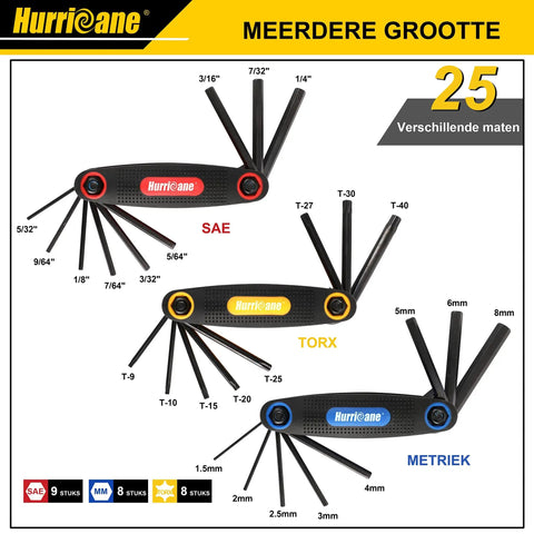 Foldable 25 Piece Hex Key Set With SAE Metric Torx 270 Degree Swivel For DIY showing SAE, Torx, and Metric sizes