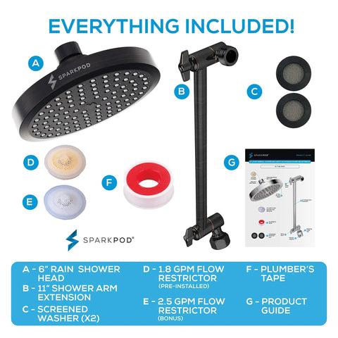 Round Rain Shower Head With Extension Arm, Height Adjustable High Pressure Shower Head, Easy One Minute Install, Oil Rubbed Bronze Finish