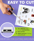 Vinyl sticker paper, white glossy 8.5 x 11 in, for inkjet/laser printers; shows scissors cutting stickers.