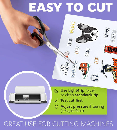 Vinyl sticker paper, white glossy 8.5 x 11 in, for inkjet/laser printers; shows scissors cutting stickers.