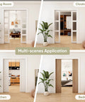 8 Ft Double Pocket Door Track Kit With Concealed Sliding System installed in living room, cloakroom, kitchen, and bedroom