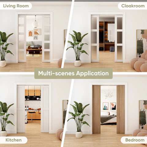 8 Ft Double Pocket Door Track Kit With Concealed Sliding System installed in living room, cloakroom, kitchen, and bedroom