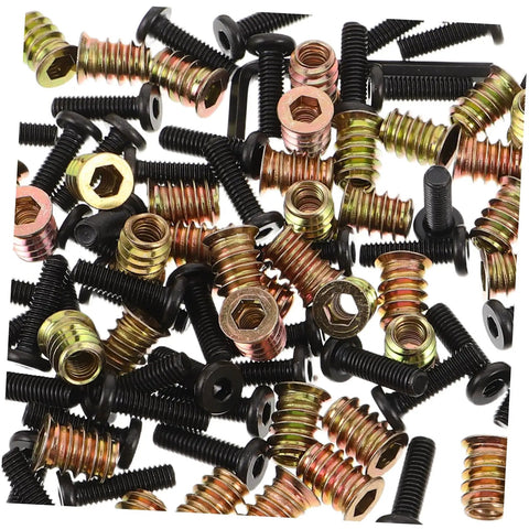 Wood Furniture Threaded Inserts Kit With Bolts Nuts Wrenches And Drill Bit 50 Piece Metal Connector Hardware Set scattered