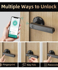 No Sweat Smart Keyless Entry Lock Delivering Rock Solid Fingerprint Scanning Straight Up Digital Passcode Protection And Super Slick Bluetooth App Pairing For Premium Door Security, showing app, fingerprint, key fob, and passcode unlocking methods.