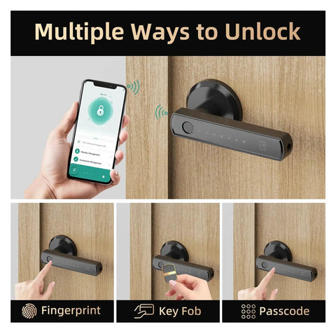 No Sweat Smart Keyless Entry Lock Delivering Rock Solid Fingerprint Scanning Straight Up Digital Passcode Protection And Super Slick Bluetooth App Pairing For Premium Door Security, showing app, fingerprint, key fob, and passcode unlocking methods.