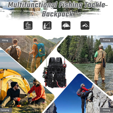 Tactical Fishing Tackle Backpack For All Weather Conditions With Waterproof Oxford Fabric displayed in outdoor activities collage