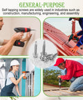 Self drilling screws in use on various jobs; 370 Piece Job Site Staple 410 Stainless Steel Number 8 By 3/4 Inch Hex Washer Head Self Drilling Screw Kit With 185 Washers And Magnetic Socket Bit In Durable Clear Case For Rugged Build Out Projects.