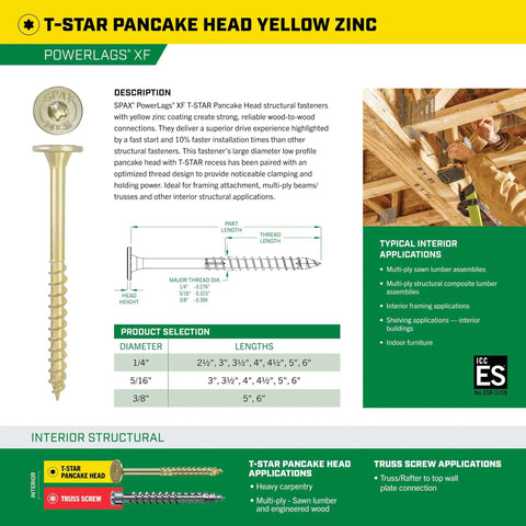 Diagram of Powerlags XF Five Sixteenth Inch By Three Inch Interior Pancake Head Structural Wood Lag Screws and application details