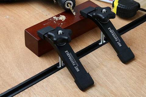 Durable Aluminum 24 Inch T Track Kit With Two Hold Down Clamps For Woodworking Fits 5/16 And 1/4 T Bolts Installed on Wood Surface