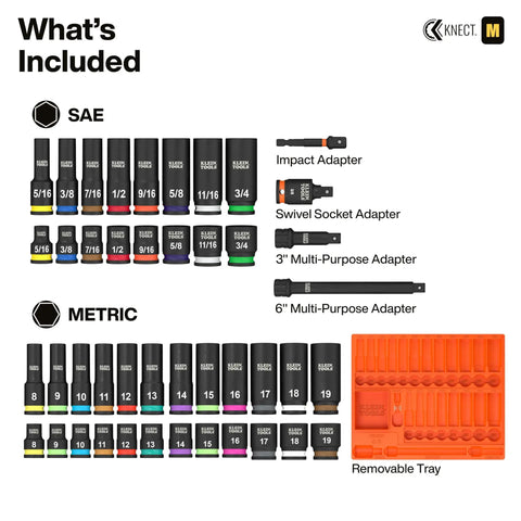 Dual Profile Impact Socket Set With Deep Well And Shallow Sockets 3 By 8 Inch Drive 44 Piece SAE And Metric Kit With Swivel Adapter Wrench Extensions And Removable Socket Organizer For Auto Repair And Home Projects image showing SAE and metric sockets, impact adapter, swivel adapter, and removable tray.