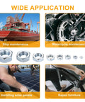 Image showing applications of Assorted Stainless Steel Hex Nuts Kit With 430 Pieces in ship, motorcycle maintenance, solar panel installation, and furniture repair.