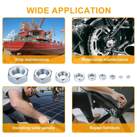 Image showing applications of Assorted Stainless Steel Hex Nuts Kit With 430 Pieces in ship, motorcycle maintenance, solar panel installation, and furniture repair.