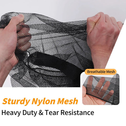 Massive Mesh Ball Bag For Coaches showcasing durable nylon mesh material with hands pulling to demonstrate tear resistance.