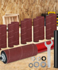 Handheld Rubber Sanding Drum Set With 120 Grit Sleeves Plugs Into Any Power Drill For Smoothing Wood Metal Plastic And Rust Removal with tool components.