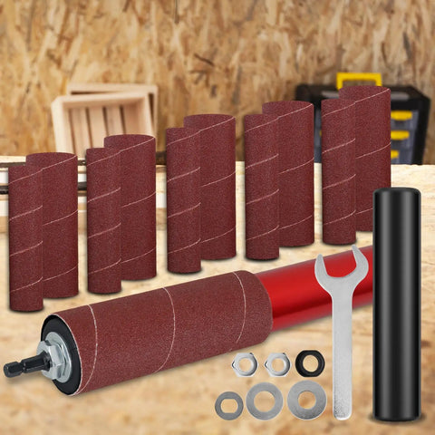 Dang Solid Knockout Portable Drill Drum Sander Kit with sanding sleeves and spindle adapter on wooden surface.