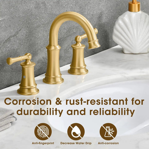 Brushed Gold 8 Inch Three Hole Bathroom Faucet With Pop Up Drain And Two Supply Hoses for Vanity Lavatory RV Farmhouse